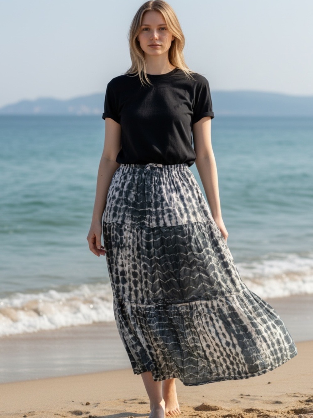 Black & Gray Tiered Tie-Dye Maxi Skirt
